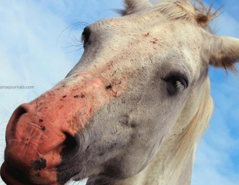 Horse with irritated skin on a white muzzle